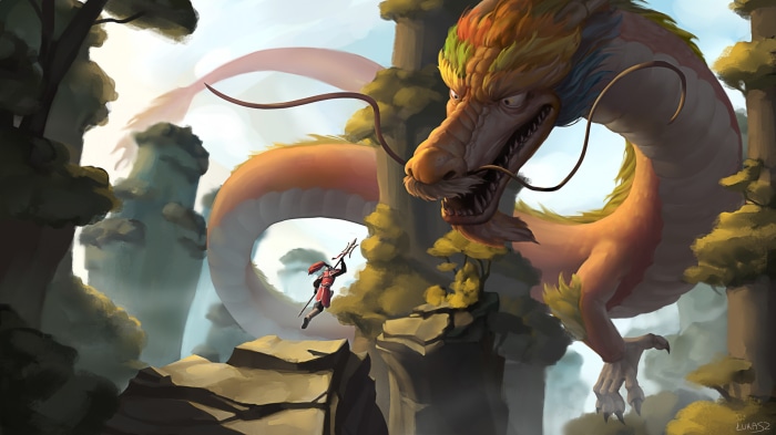 Warrior fighting a Chinese Dragon by Łukasz Starczewski