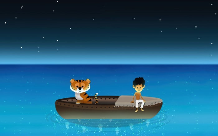 Boy and tiger in a boat at night