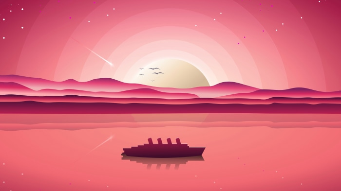 Minimalist boat on water during sunset with mountains