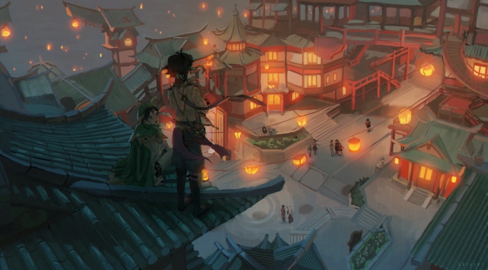 Venti and Xiao from Genshin Impact overlooking a lantern festival