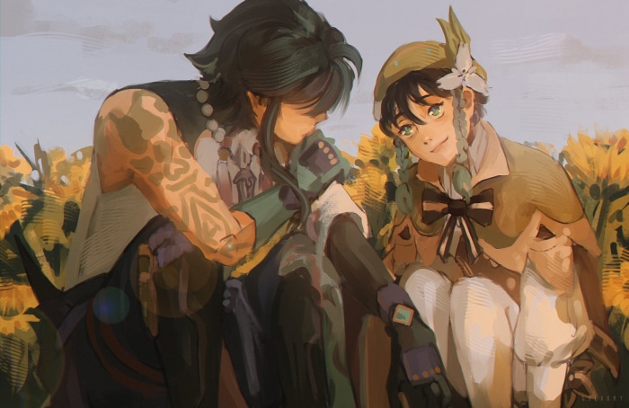 Xiao and Venti from Genshin Impact in a field of sunflowers