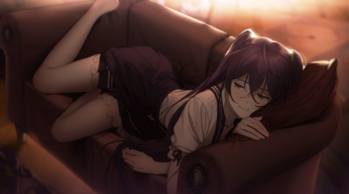 Girl with purple hair lying on a couch