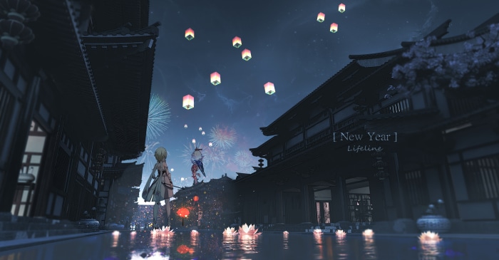 Lumine and Paimon from Genshin Impact celebrating New Year