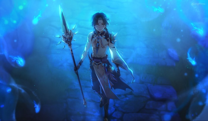 Xiao from Genshin Impact with a spear