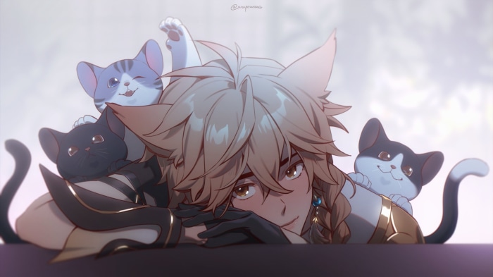 Aether from Genshin Impact with cats