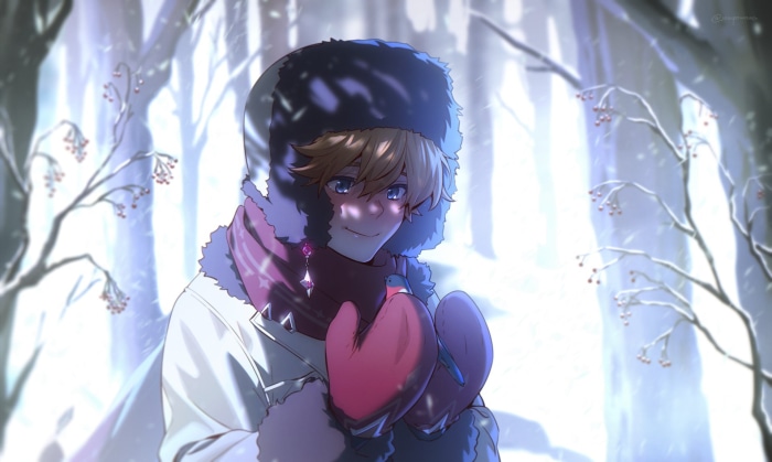 Childe from Genshin Impact in winter forest