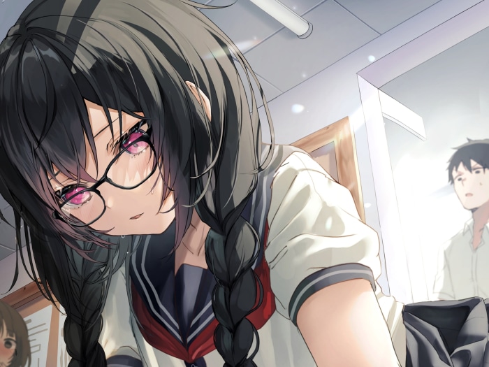 Girl with glasses and pigtails in school uniform