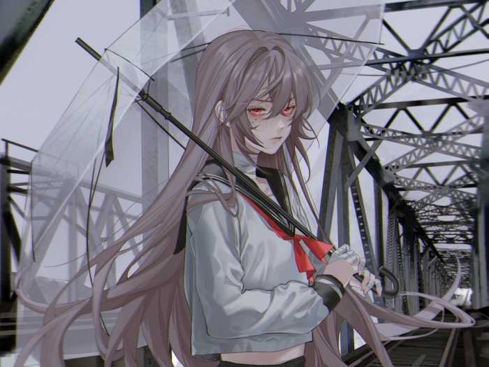 Girl with umbrella on a bridge