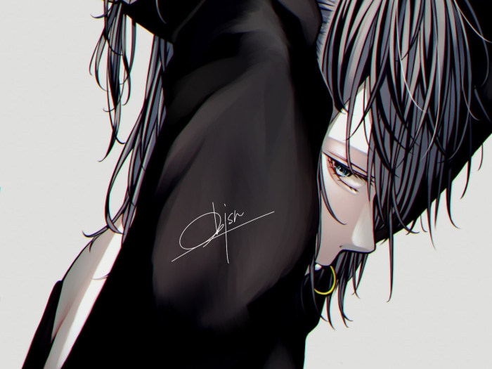 Anime boy with black hair and earring
