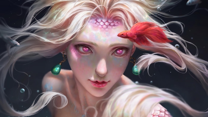 Mermaid with pink eyes and red fish