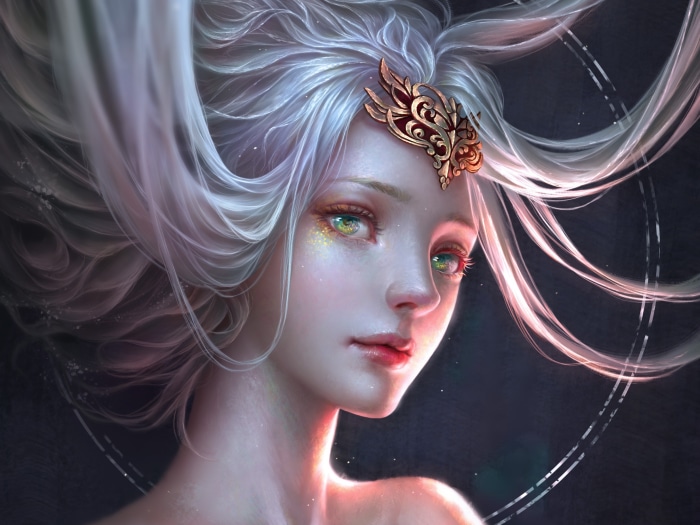Fantasy girl with white hair and golden headpiece