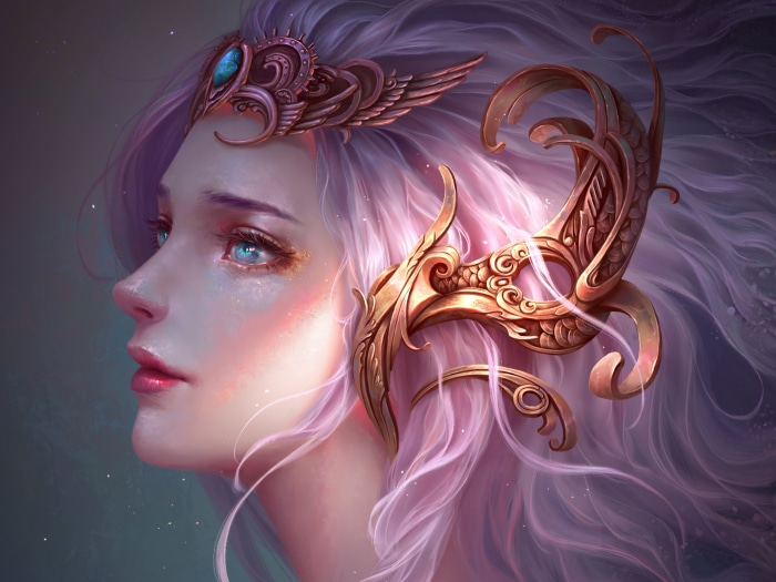 Girl with purple hair and golden headdress