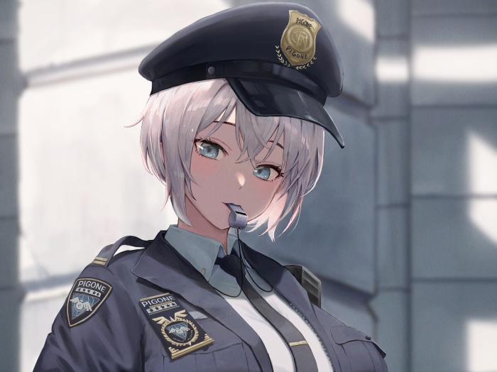 Anime girl in police uniform with a whistle