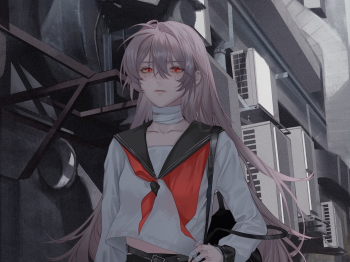 Girl with pink hair and red eyes in school uniform