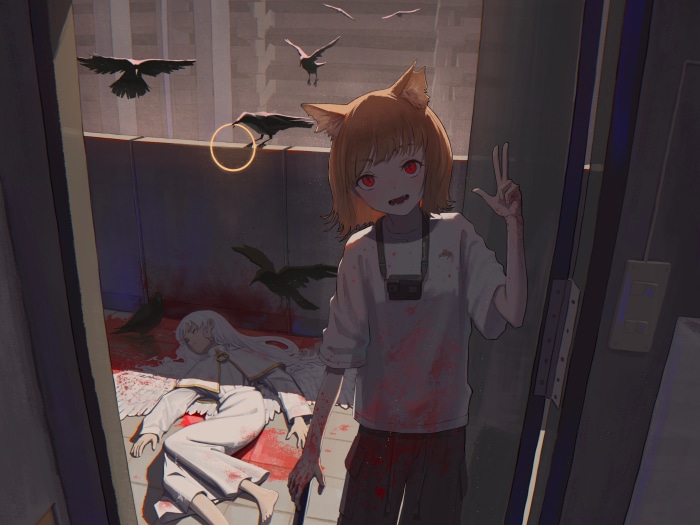Girl with cat ears and bloody scene