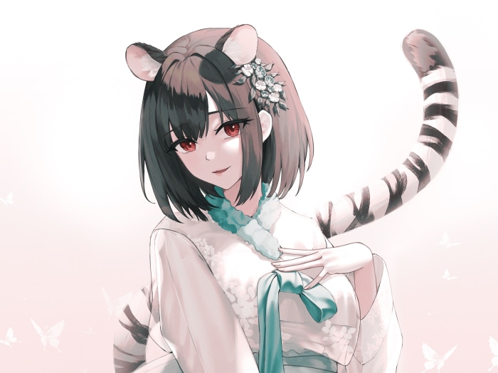 Anime girl with tiger ears and tail wearing a kimono