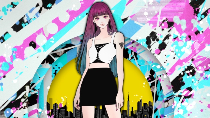 Anime girl with purple hair and black skirt