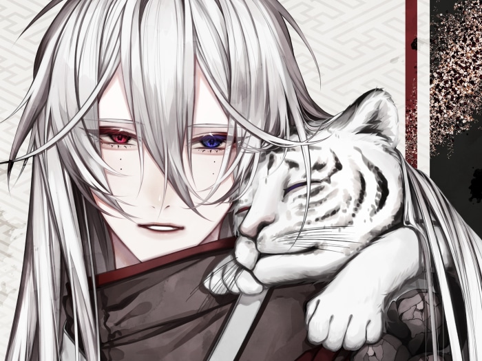 Anime boy with heterochromia and white tiger