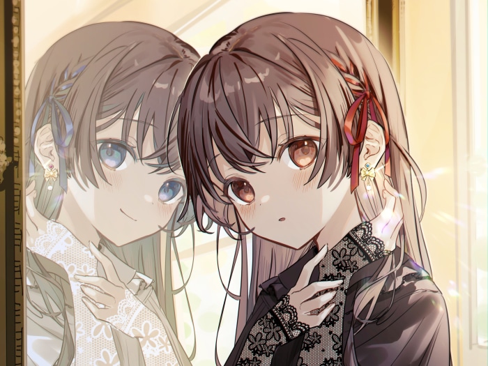 Anime girl looking in a mirror