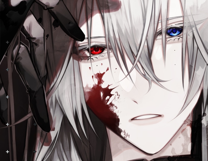 Anime boy with heterochromia and blood