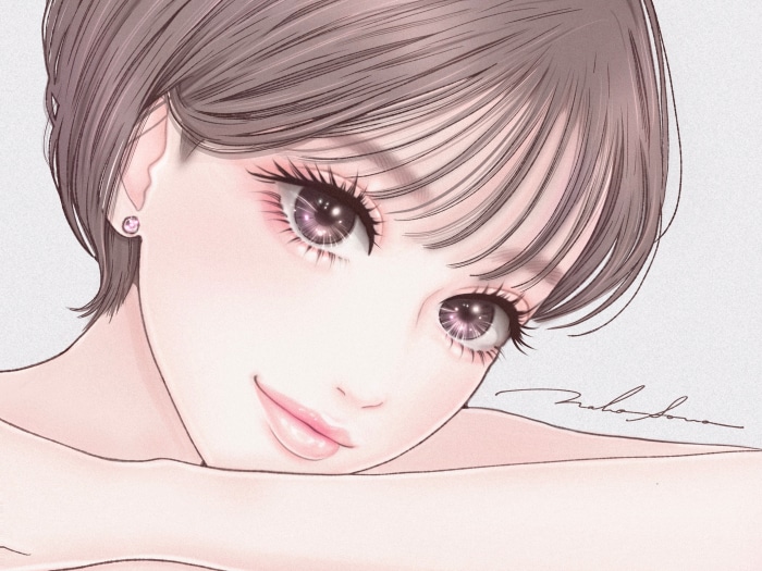 Anime girl with short brown hair and pink makeup