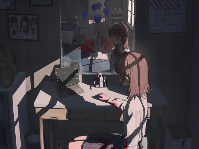 Girl sitting at a desk with bloodstains