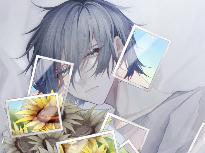 Anime boy with sunflowers and photos