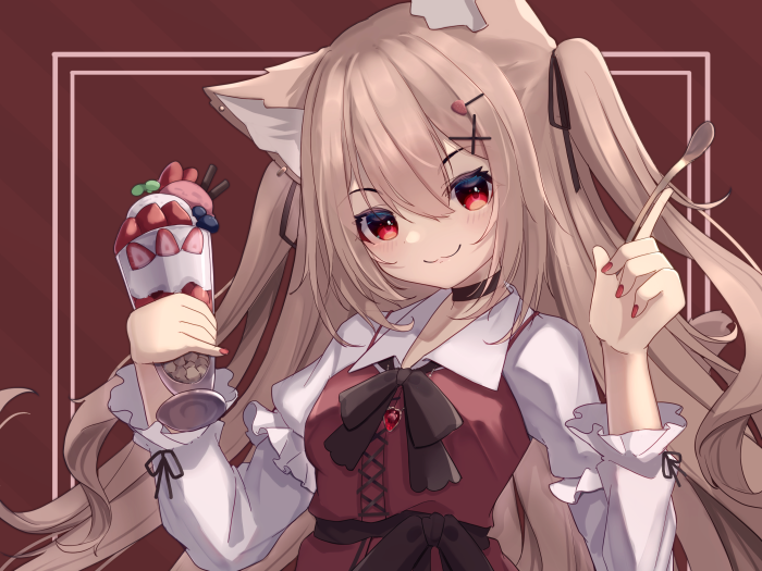 Anime girl with cat ears holding a parfait