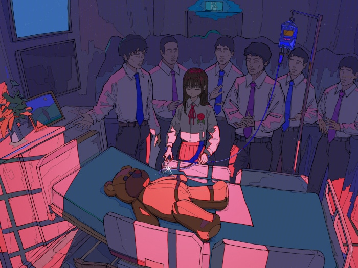 Girl with Scissors and Teddy Bear in Hospital Room