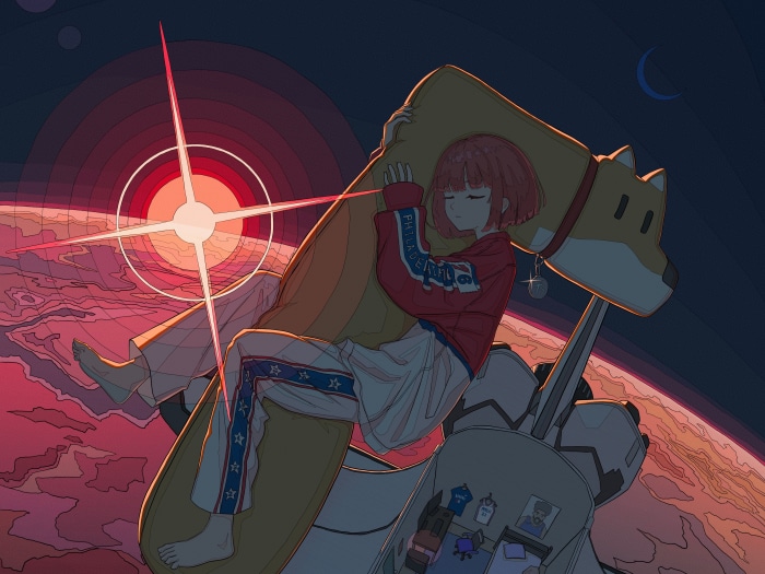 Girl sleeping on a dog-shaped pillow in space