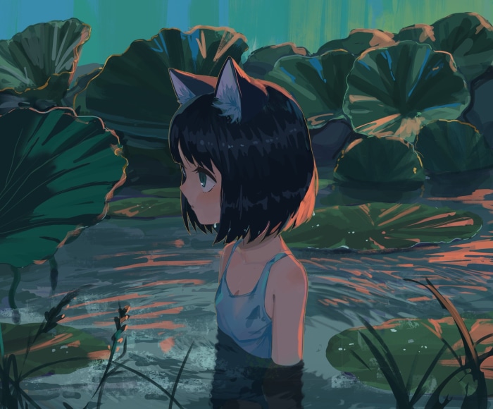 Girl with animal ears in a pond with lily pads