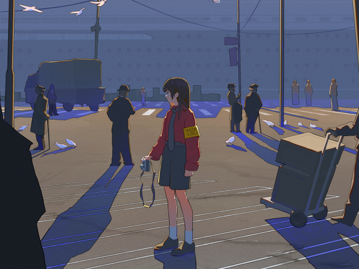 Girl with camera on a street with people