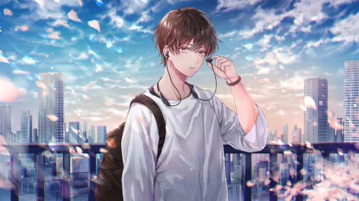 Anime boy with brown hair and earbuds