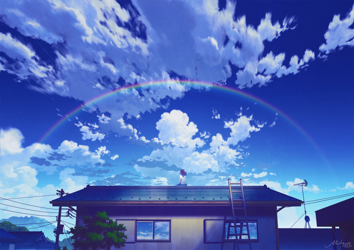 Anime girl on rooftop with rainbow and clouds