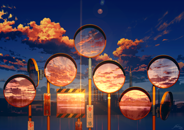 Mirrors reflecting sunset clouds over industrial landscape