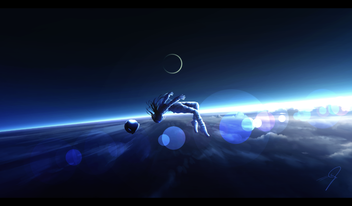 Girl falling in space with a planet below