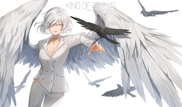 Angel with white wings and a black crow
