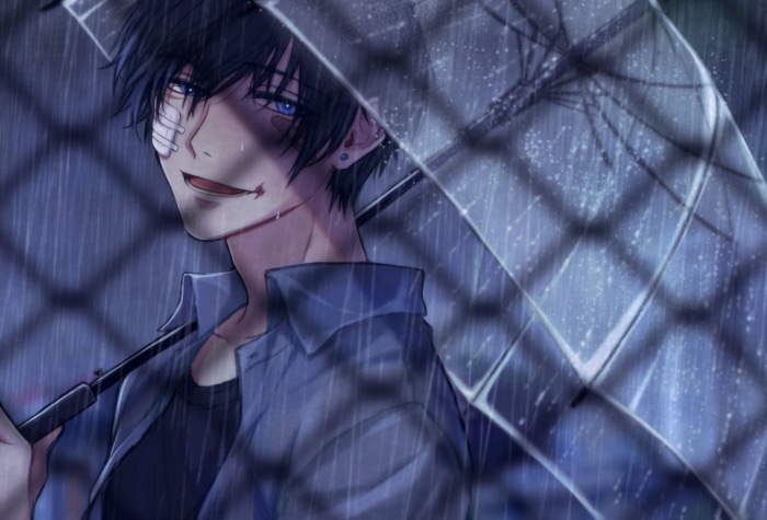 Anime Boy with Blue Eyes Holding Umbrella in Rain