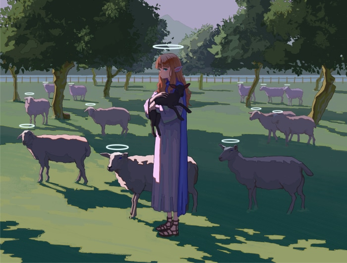 Girl with cat and sheep in a field
