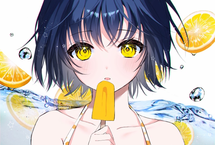 Girl with Blue Hair and Yellow Eyes Eating Popsicle