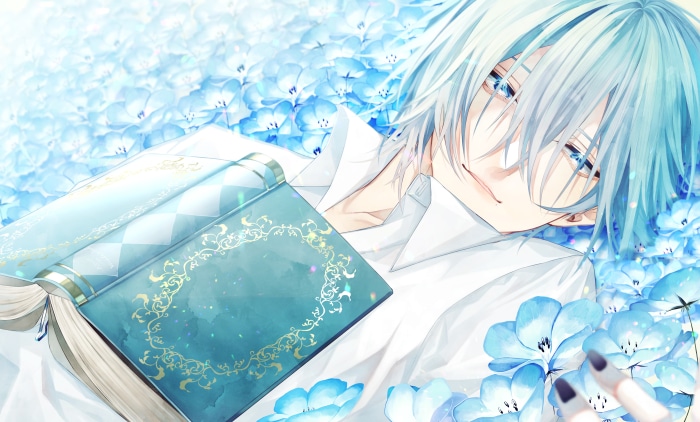 Boy with white hair and blue eyes lying down