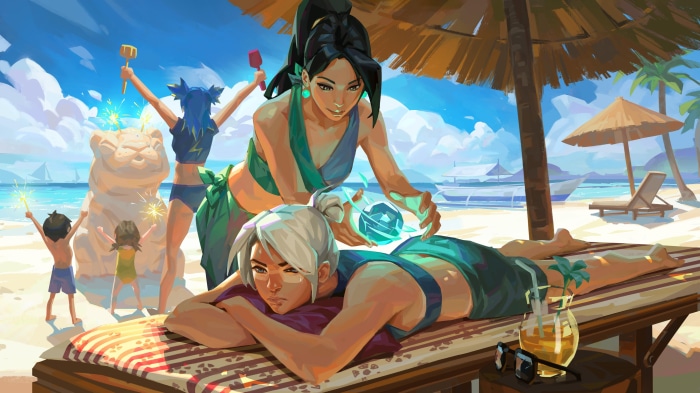 Jett and Sage from Valorant on a beach