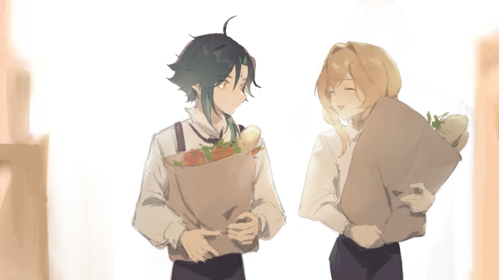 Xiao and Lumine from Genshin Impact with groceries
