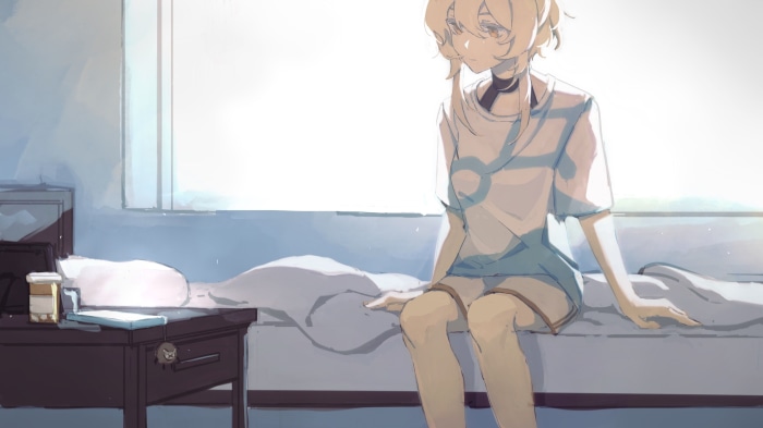Lumine from Genshin Impact sitting on a bed