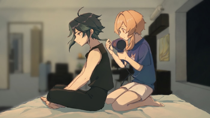 Xiao and Lumine from Genshin Impact drying hair