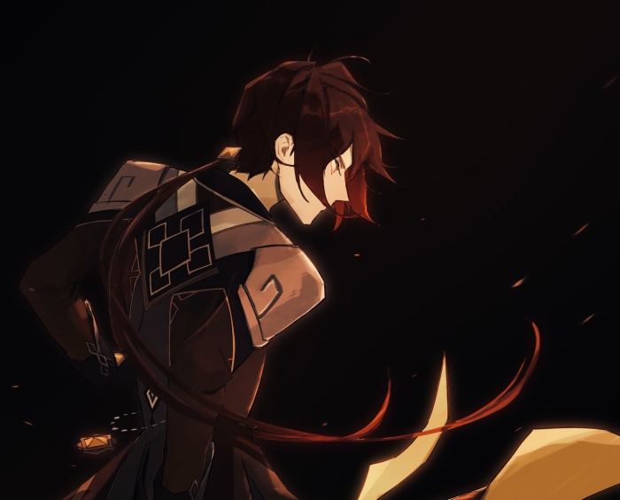 Zhongli from Genshin Impact in dark setting
