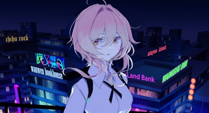 Anime girl in a city at night