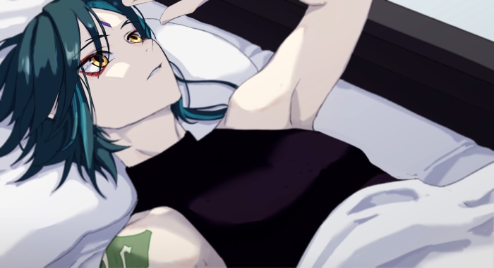 Xiao from Genshin Impact lying down