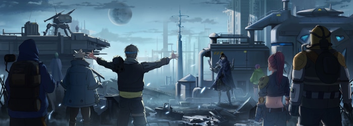 Characters in a futuristic ruined city with a moon