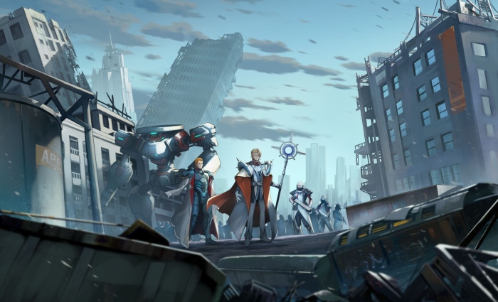 Characters and mecha in a ruined city